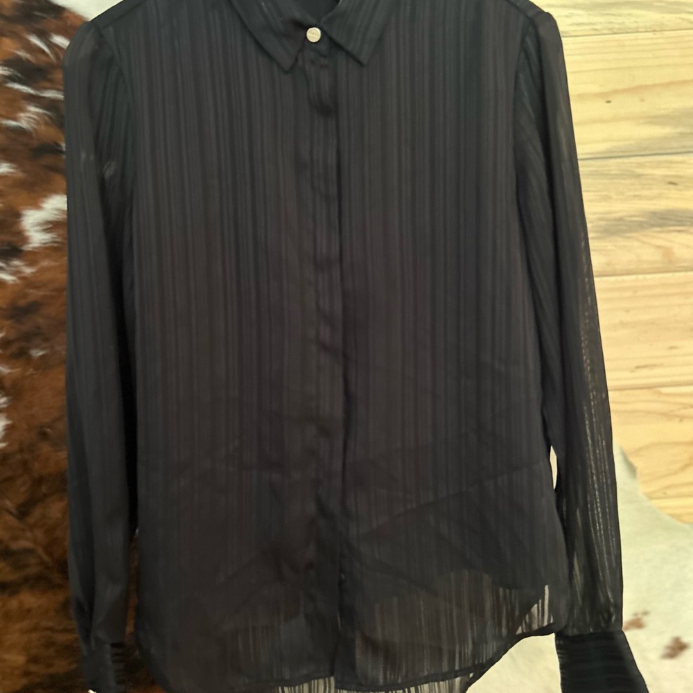 DKNY Sheer Black Hidden Button-Up Blouse with built in liner. Small